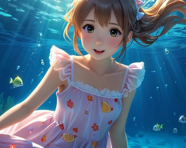 Young girl swimming underwater with vibrant fish