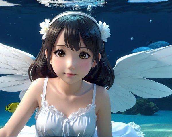 Underwater Scene of a Girl with Angelic Wings
