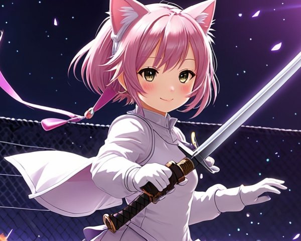 Anime Character with Pink Hair and Katana in Night Sky