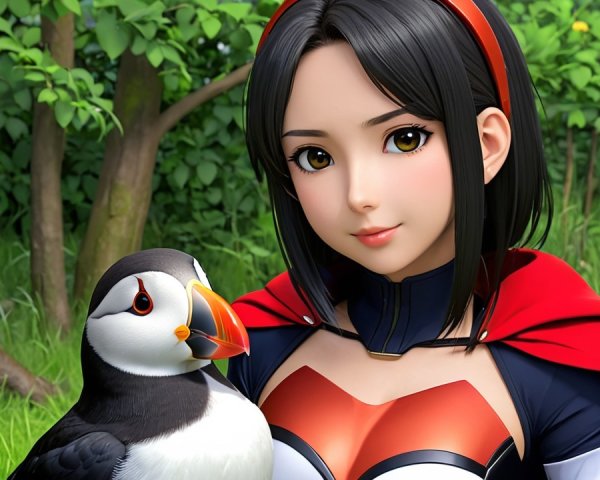 Young woman in superhero outfit with puffin in forest