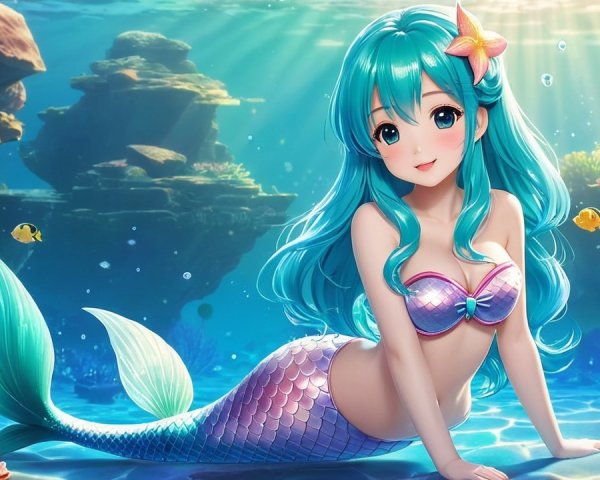 Whimsical Mermaid in a Colorful Underwater Scene