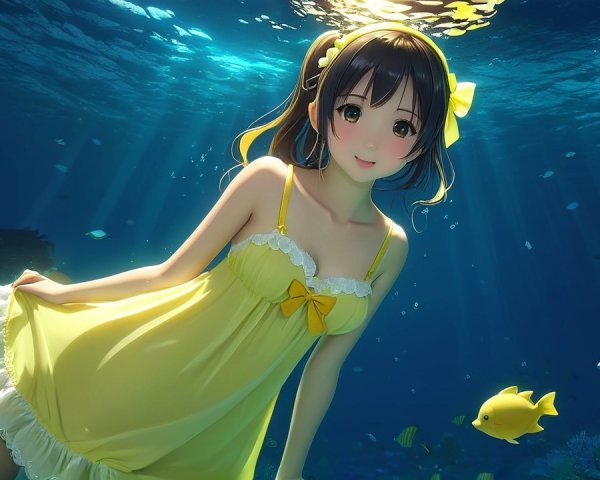 Young girl in yellow dress underwater with colorful fish