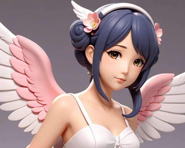 Stylized character with blue hair and floral wings