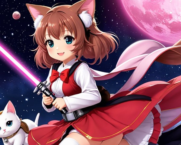Anime girl with cat ears and lightsaber in space