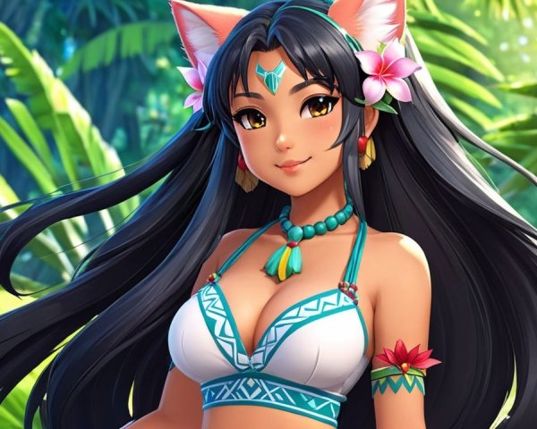 Character with Black Hair, Cat Ears, and Bikini