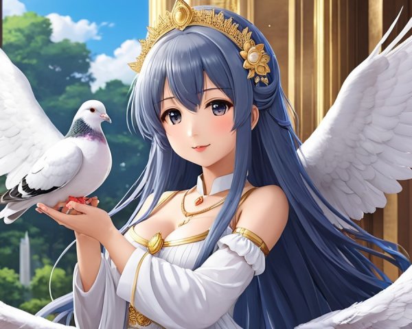 Character with Blue Hair and White Wings in Elegant Setting