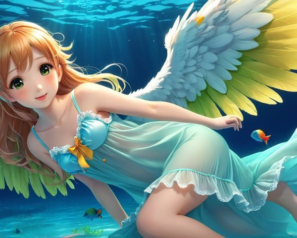 Whimsical Underwater Scene with a Winged Girl