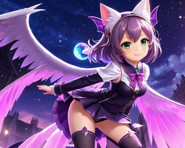 Playful Character with Cat Ears and Wings in Night Sky
