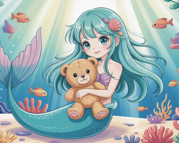Anime Mermaid with Light Blue Hair and Teddy Bear