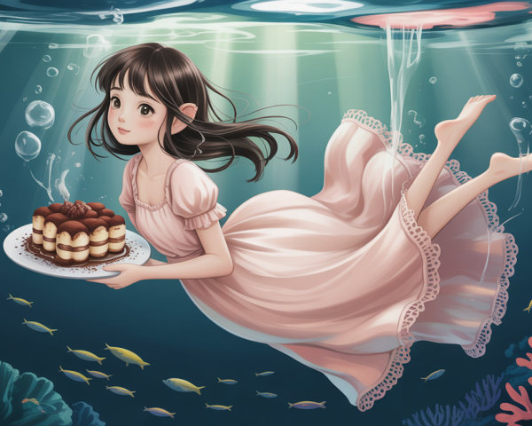 Whimsical Digital Painting of Girl Swimming with Cake