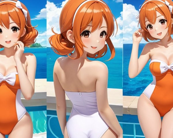 Cheerful animated character by a poolside scene