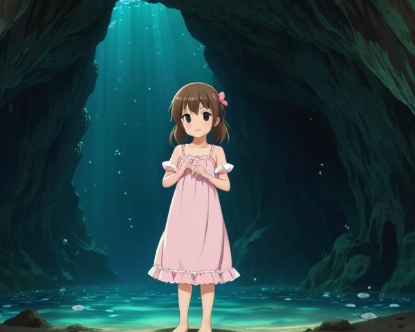 Underwater Cave with Young Girl in Pink Dress