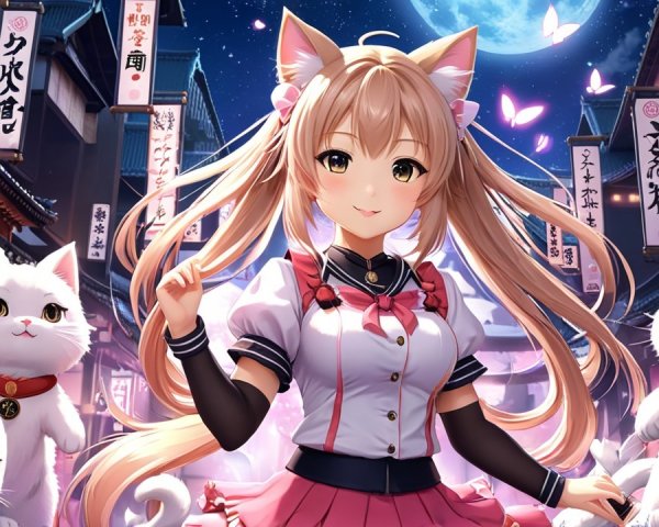 Cheerful girl with cat ears in moonlit Japanese setting