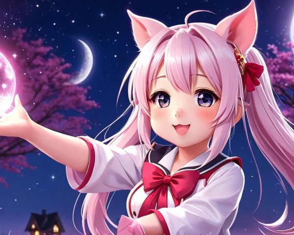 Cheerful girl with pink hair and crystal ball in twilight