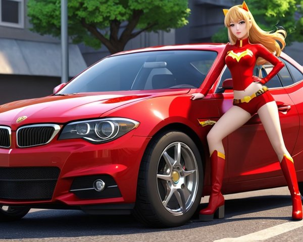 Female Superhero in Red Costume with Sports Car