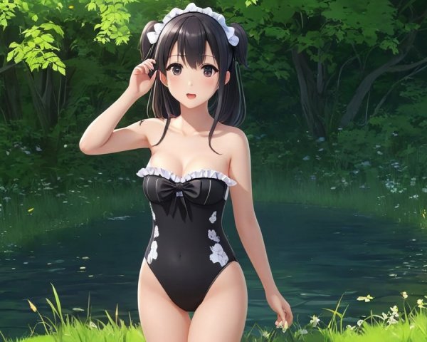 Young girl by serene pond in frilly swimsuit