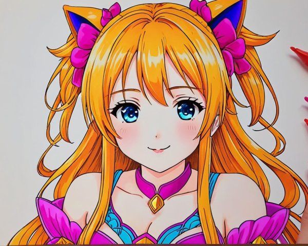 Vibrant Anime Illustration of Girl with Cat Ears