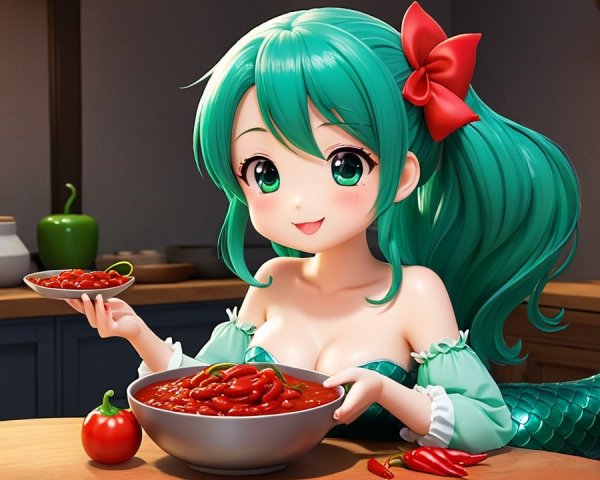 Cheerful mermaid in cozy kitchen with chili peppers