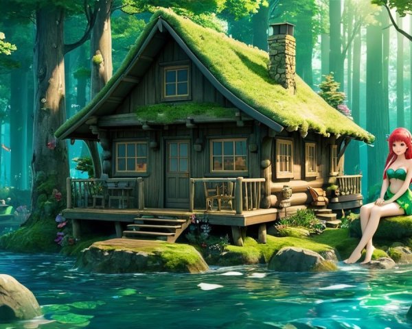Wooden cabin by river in vibrant forest setting