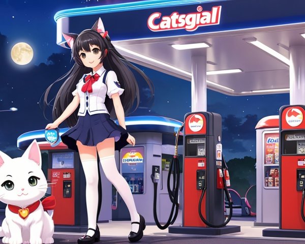 Young Girl and Cat at Whimsical Gas Station Scene