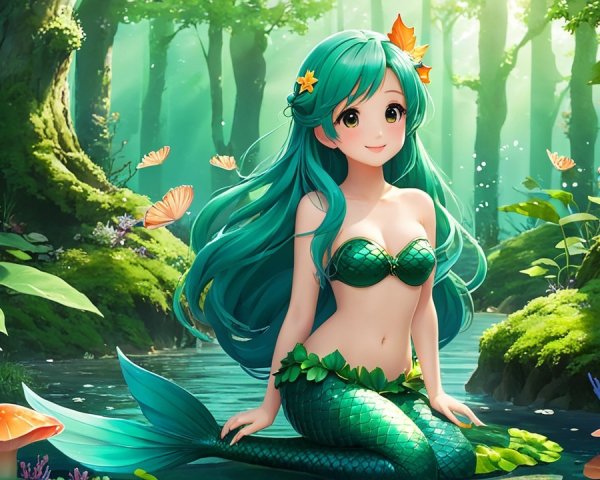 Whimsical Mermaid by a Serene Forest Pond