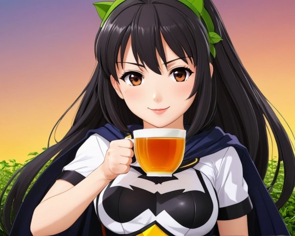 Cheerful anime character in a scenic sunset landscape