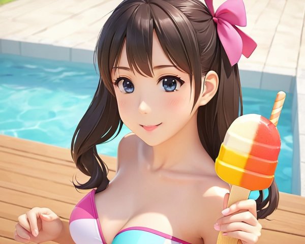 Cheerful woman by pool with ice cream in summer scene