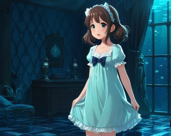 Young girl in nightgown in vintage room with fish