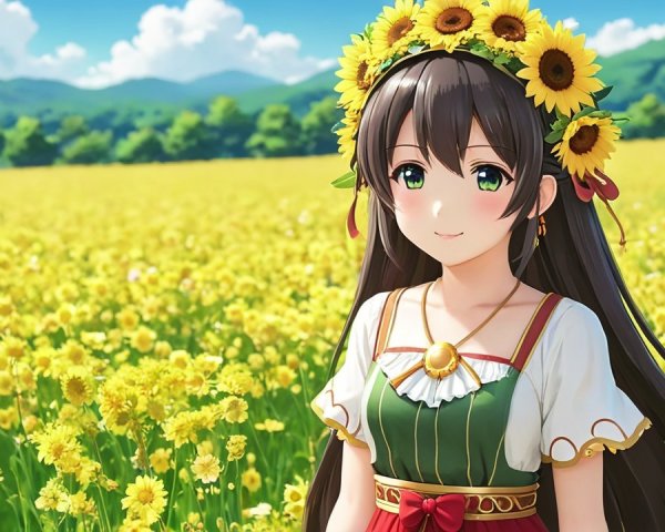 Young Woman in Sunflower Field with Traditional Dress