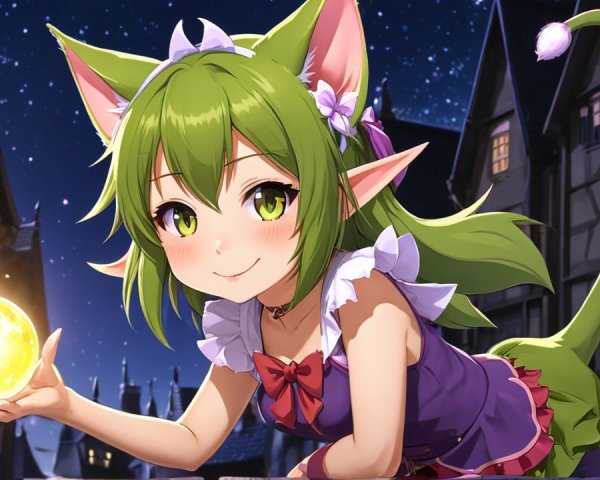 Whimsical character with green hair and glowing orb