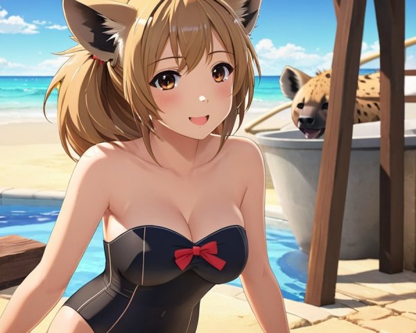 Cheerful girl with animal ears by a sunny pool
