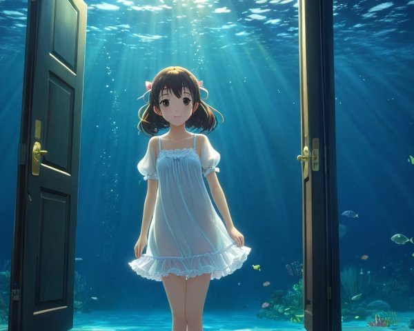 Young girl at underwater doors with serene fish scene