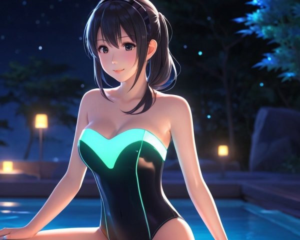 Young woman by tranquil pool at night with soft lights