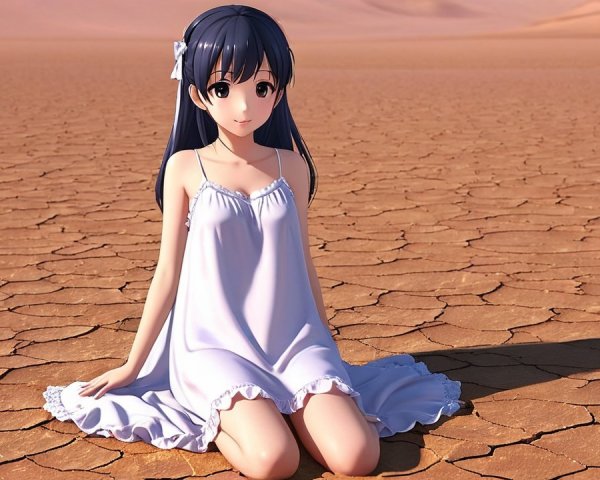 Young girl in white dress on cracked desert landscape