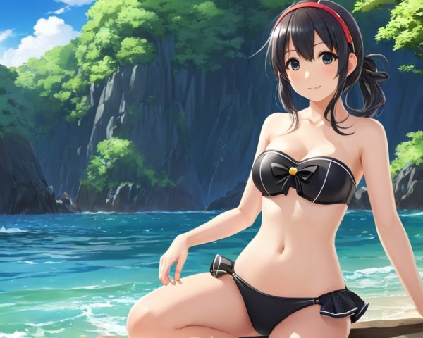 Young woman in black bikini on sunny beach scene