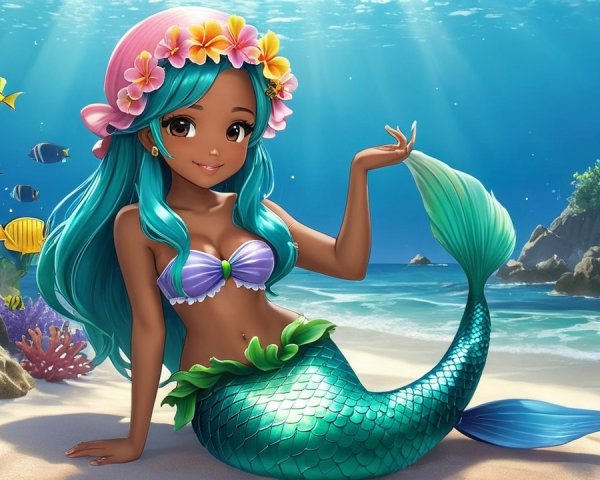 Cheerful mermaid with turquoise hair in ocean scene