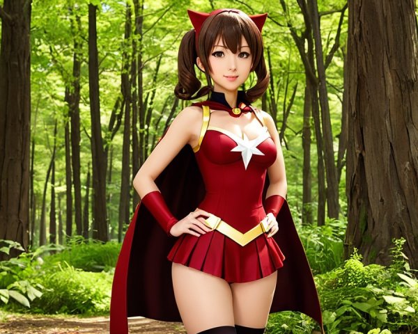 Character in Red Costume Posing in Lush Forest
