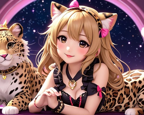 Whimsical Scene of Girl with Cat Ears and Leopard