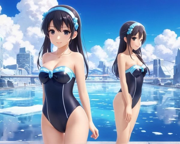 Anime Characters by Icy Lake in Stylish Swimsuits