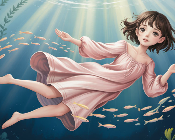 Young girl floating underwater with fish and seaweed