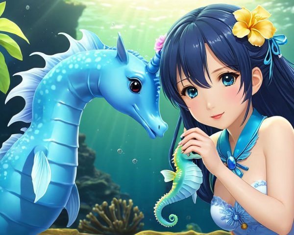 Young girl with seahorses in vibrant underwater scene