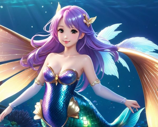 Mermaid with Lavender Hair in Vibrant Underwater Scene