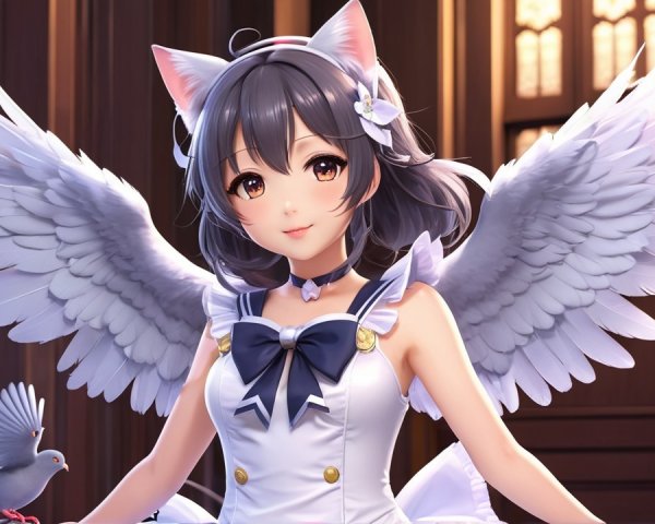 Girl with Cat Ears, Angel Wings, and Doves
