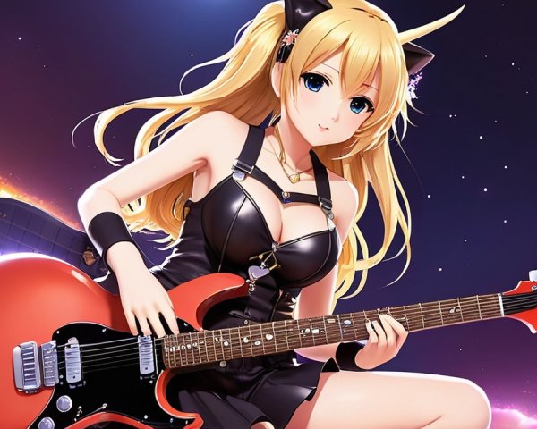 Anime girl with cat ears playing electric guitar