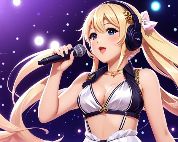 Anime Illustration of a Young Woman Singing with Headphones