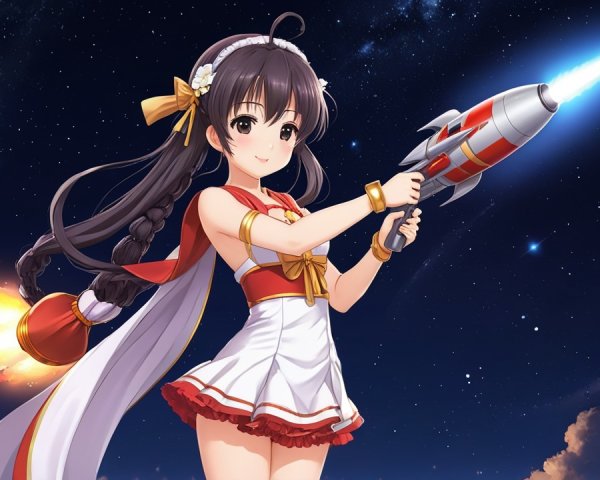 Cheerful anime girl with rocket launcher in starry sky