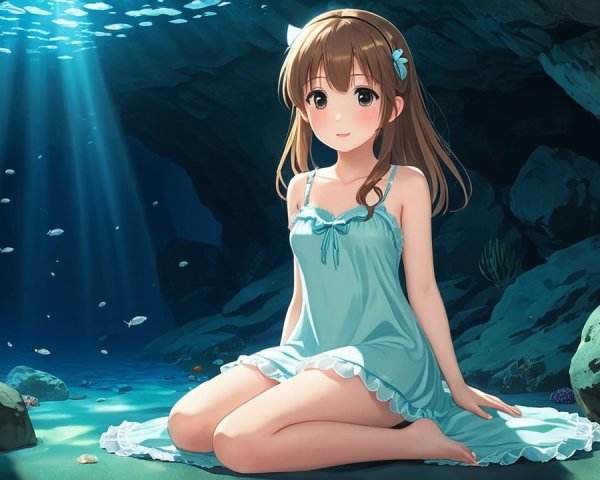 Underwater Scene with a Girl in a Blue Dress