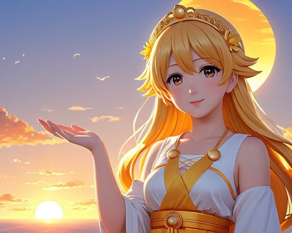 Anime Character with Golden Hair at Sunset