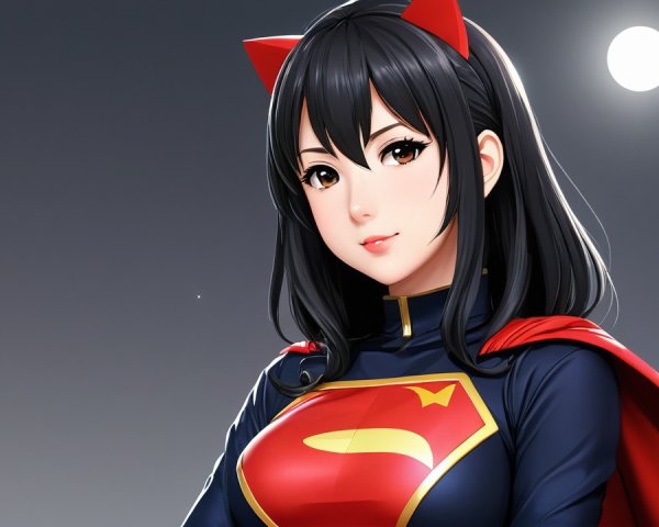 Young woman in superhero outfit under twilight sky