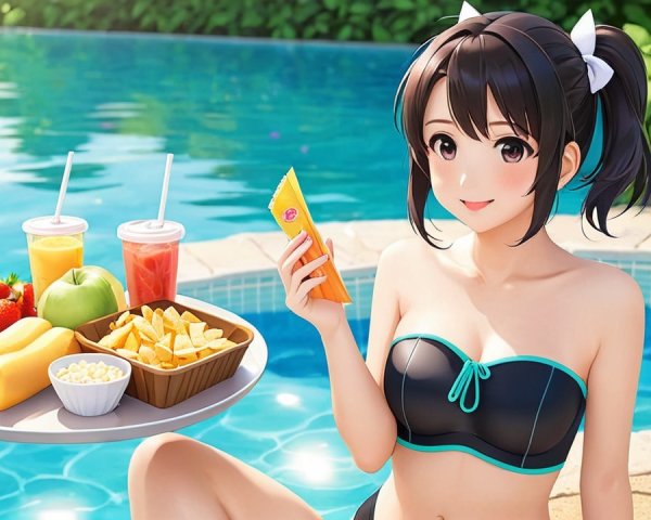 Young Woman by Pool with Snacks and Colorful Drinks